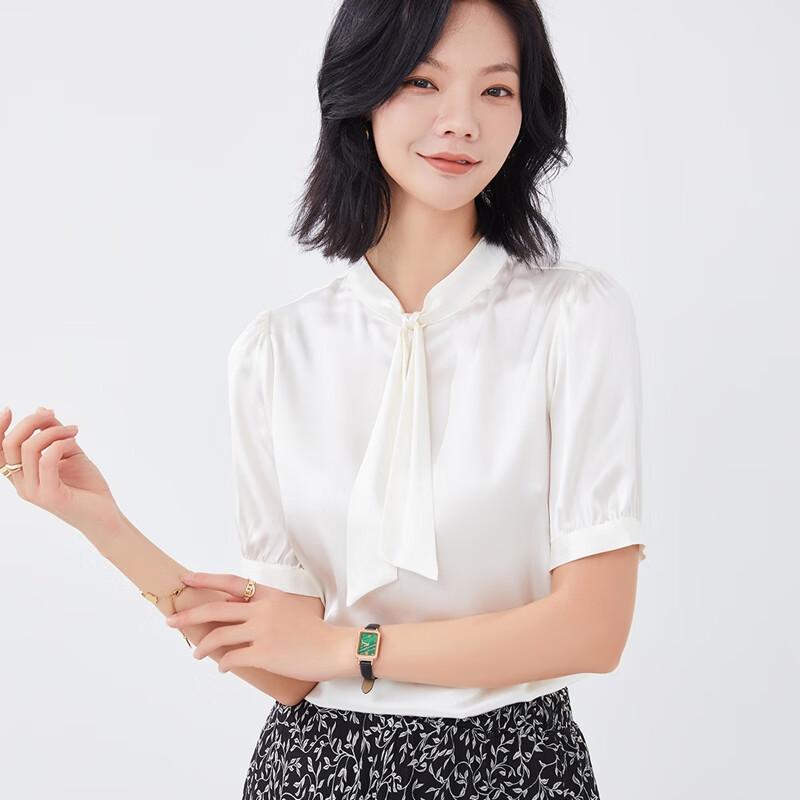 Women s Mulberry Silk Ribbon Collar Short Sleeve Blouse 2XL