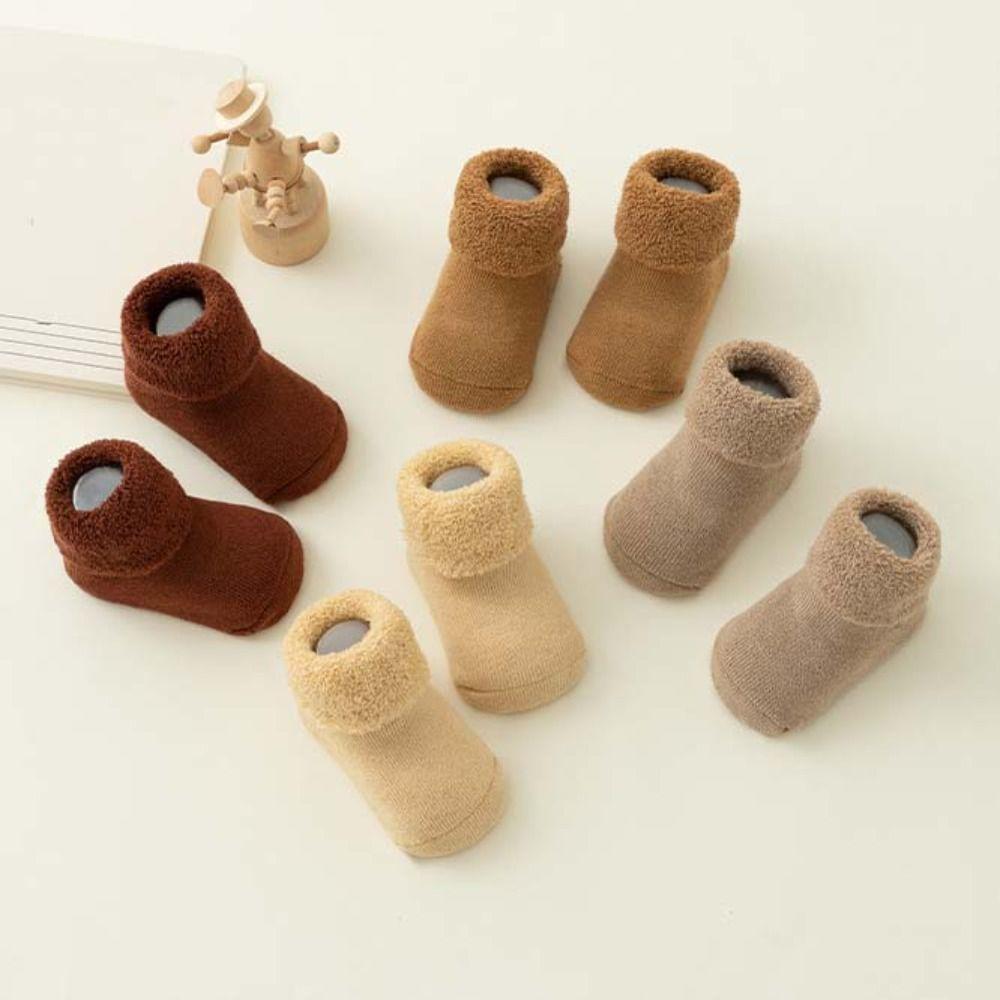 4Pairs Solid Color Infant Learning Walk Socks Anti-slip Home Sleep Socks Thicken Baby Socks Toddler