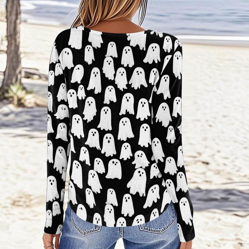 Women's Long Sleeve Casual Pullover Sweatshirt Halloween Ghost Pattern Round Neck Top Lightweight Comfortable Fit