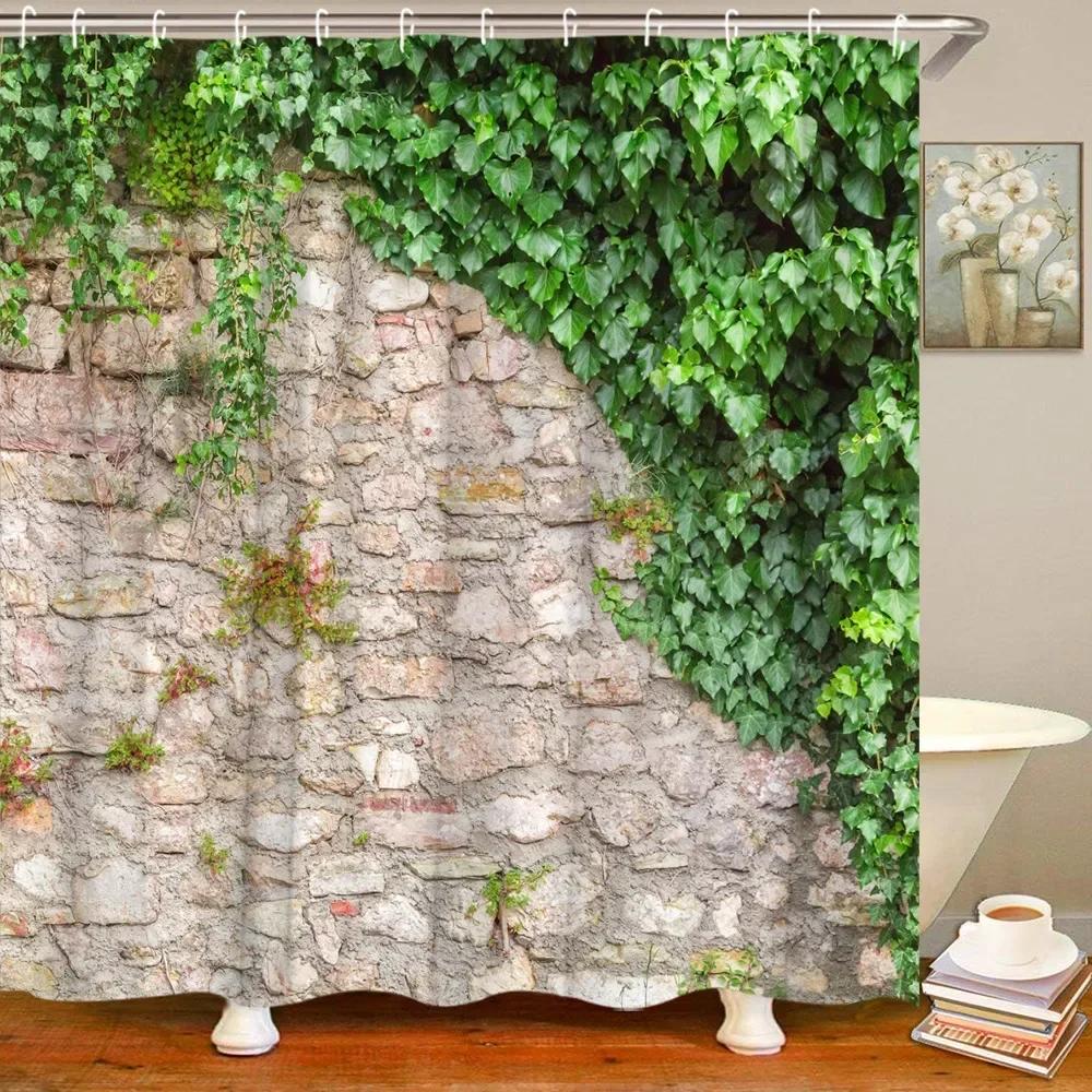 Nature-Inspired Shower Curtain for a Rustic Bathroom, Featuring Lush Green Vines on a Stone Wall. This Vibrant Design Adds
