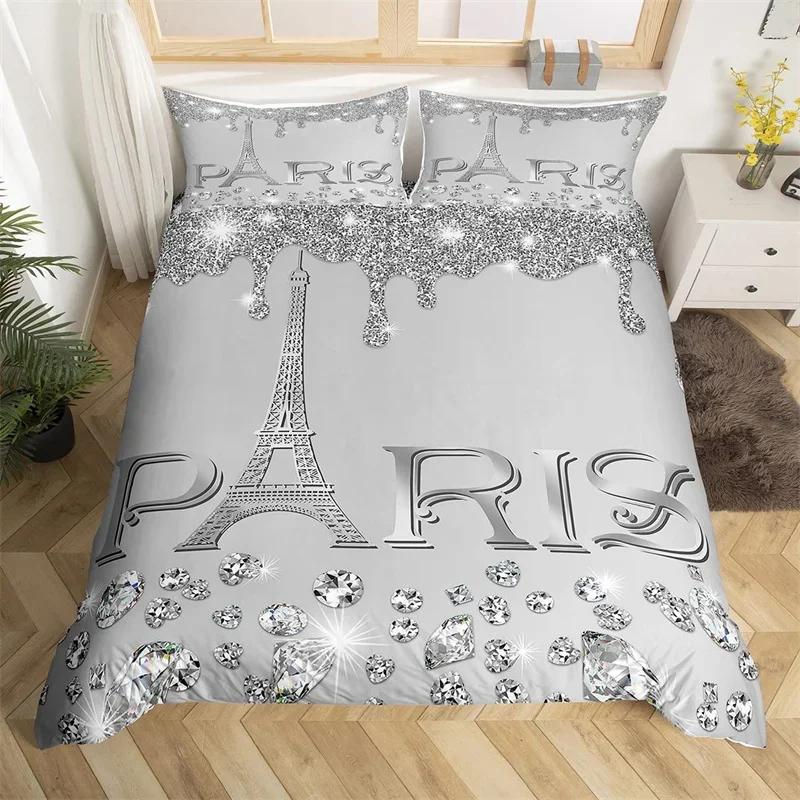Paris Duvet Cover Set Eiffel Tower Bedding Set Queen Polyester Romantic French Flower Quilt Cover For Girl Teen Women Room Decor