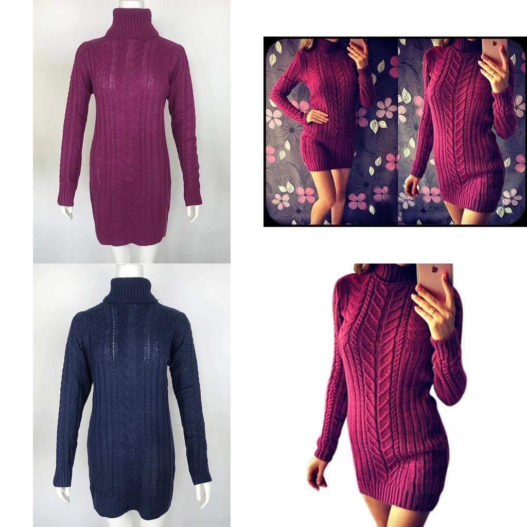Vestito Sexy Autunnale e Invernale in Maglia Vestibilità Aderente e Collo Alto Design a Treccia