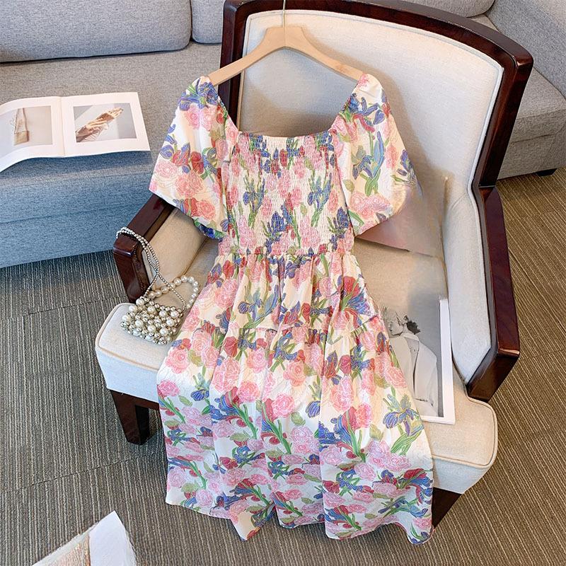 Plus  Size Women's Summer New Line Neck Waist Floral Dress