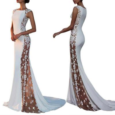 Damen Brautjungfern-Hochzeitskleid, Cocktail-Abend-Partykleid, figurbetontes Meerjungfrau-langes Maxikleid, Weiß