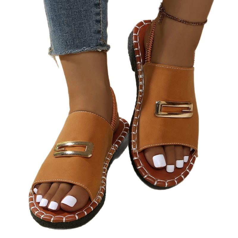 Women's Wide Width Elastic Sandals, Metal Detail Flat Slides, European Beach Slippers for Women