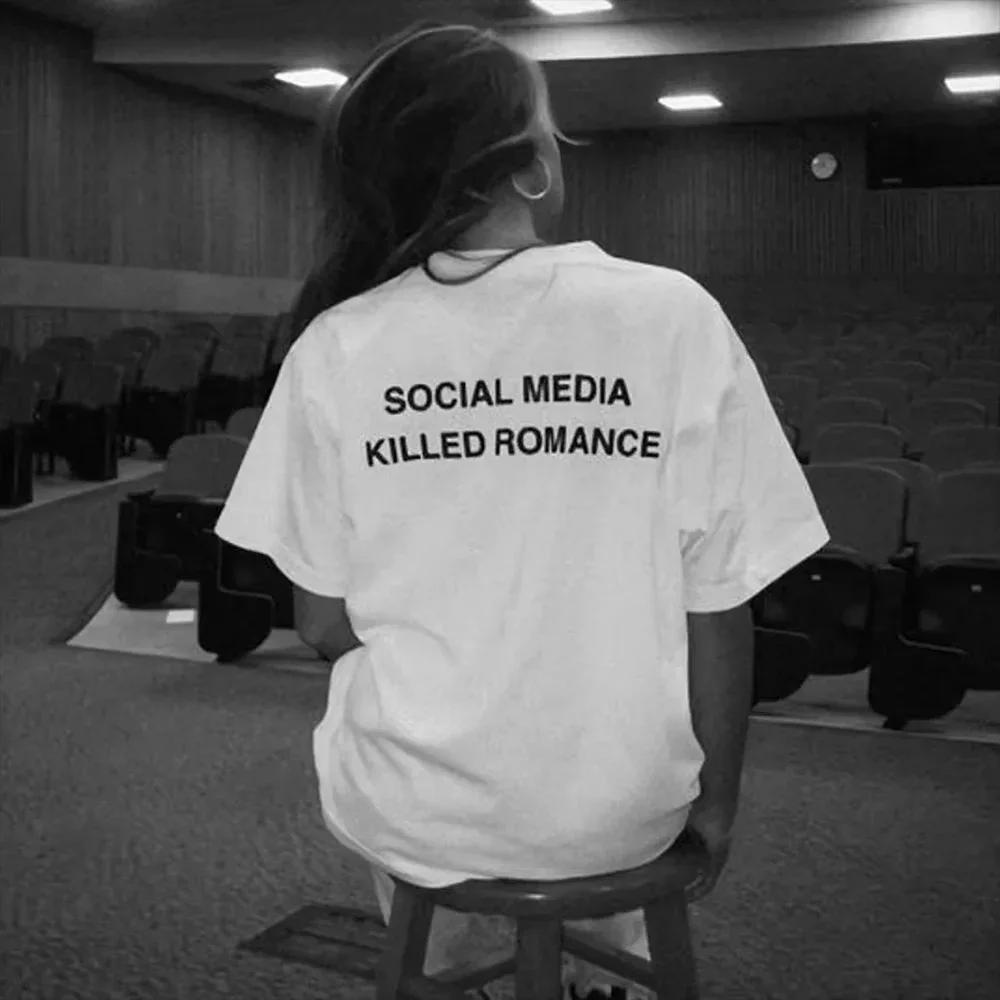 2025 Social Media Killed Romance T Shirt Women Aesthetic Valentine's Print Men T-Shirt Couple Cotton Tee Summer Tops Clothing