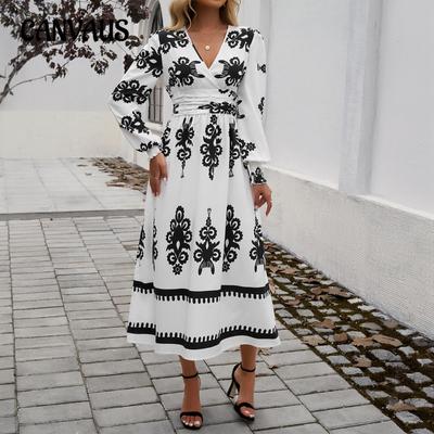 Women's Autumn and Winter Temperament Collision Printing V-neck Long-sleeved Dresses