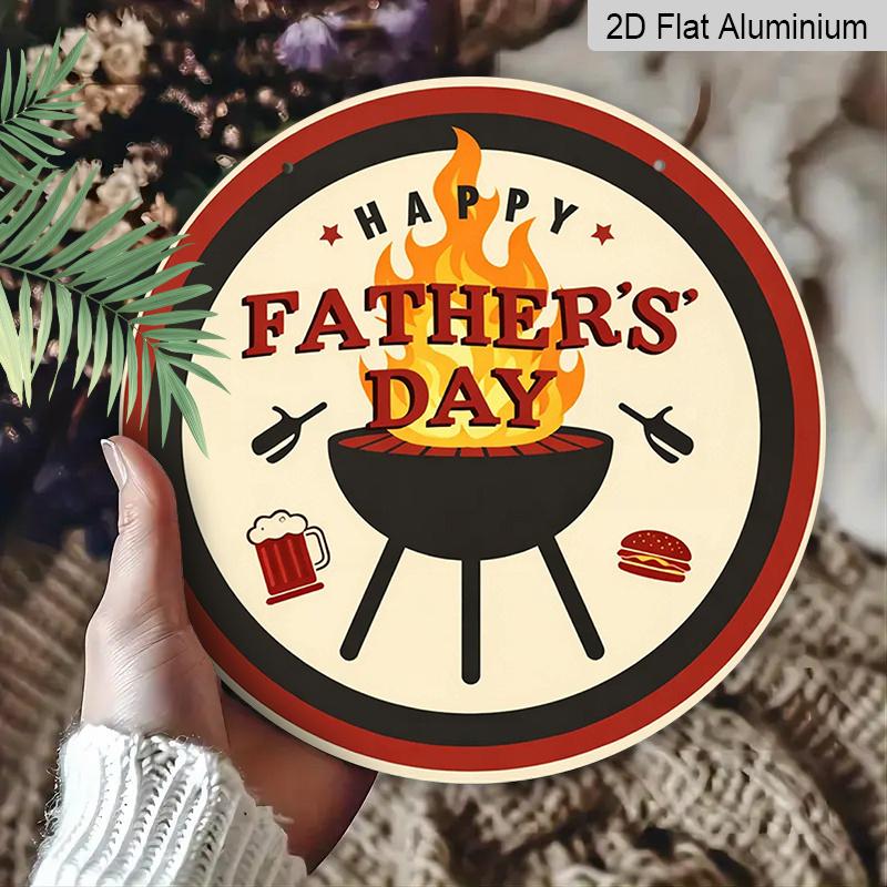 2D Flat, 1pc Round Aluminum Hanging Sign - Happy Father's Day BBQ Grill Metal Wall Art, Father's Day Themed Decor Sign, Retro Beer & Burger Design