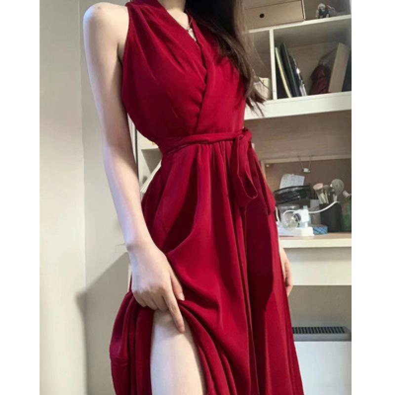 Royal Sister Red Halter Neck A-Line Dress - Slim Fit Mid-Length for Spring 2025