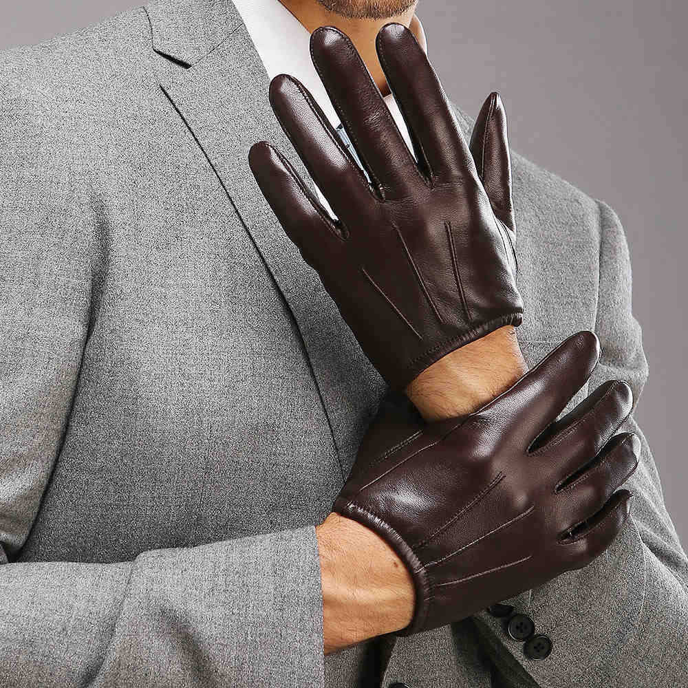 Luvas Masculinas de Couro Genuíno Moda Casual Luva de Pele de Ovelha Preto Marrom Cinco Dedos Estilo Curto Luvas Masculinas para Dirigir M017PQ2