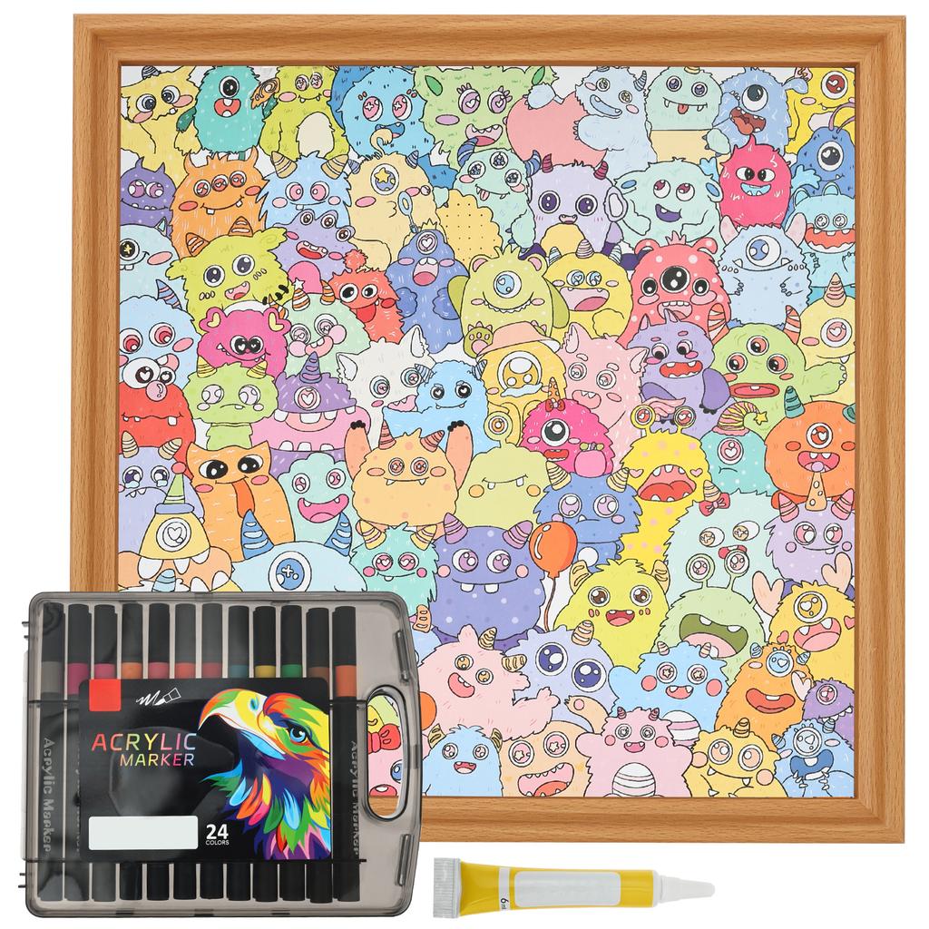 Wooden Coloring Puzzle DIY Doodling Jigsaw Puzzles with 24 Color Marker Pen Dinosaur/Monster Coloring Puzzle for Home Decoration