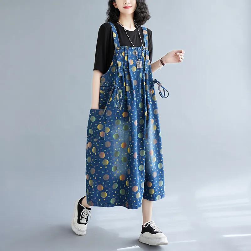 Plus Size Women's Loose Printed Denim Casual Sleeveless Skirt Spring Autumn Fashion Back with Skirts Women Denim Skirts