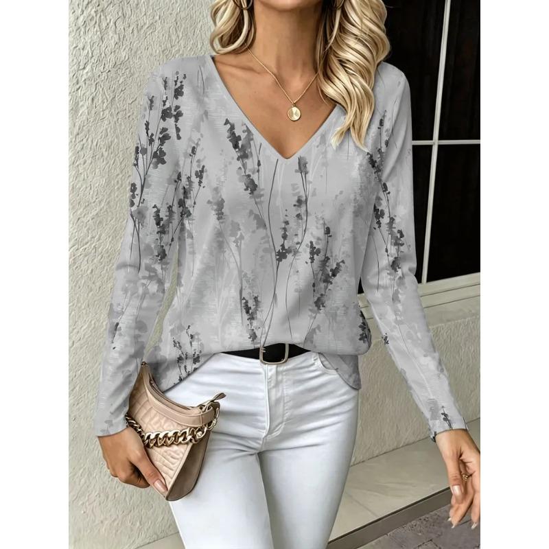 Autumn Women's 3D Geometric Printed V-Neck Long Sleeve T-Shirt