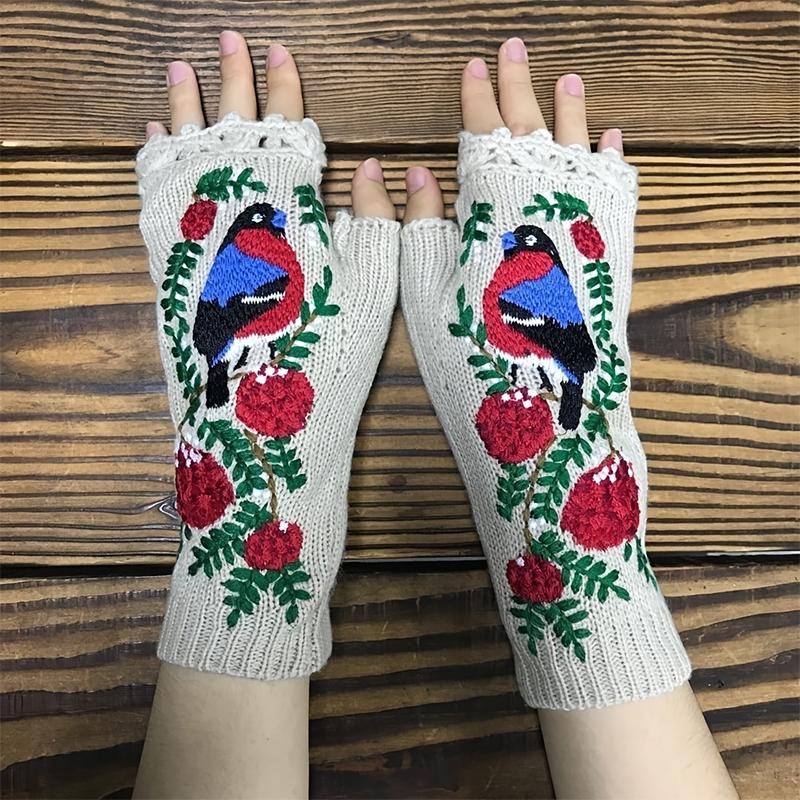 

Красная птица вышитые вязаные перчатки вышитые птичьи цветы перчатки теплые шерстяные перчатки для вязания крючком