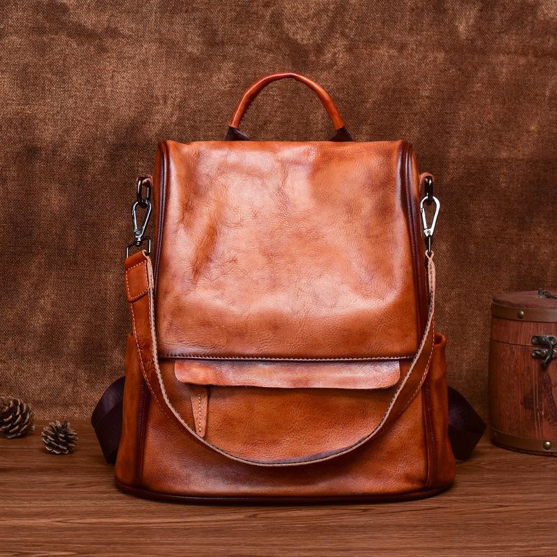 Vintage Backpack Genuine Leather Large Capacity Women Bag Solid Color Natural Cowhide Leisure Travel Bags