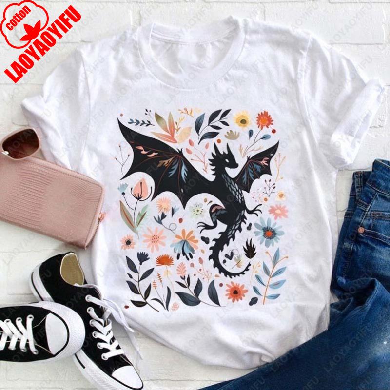 

Абраксос Фэнтези Дракон Любитель Книг Учитель Футболка Дикие Цветы Коттеджкор Цветочный Принт Рубашка Унисекс Мужчины Женщины Хлопок Модные Футболки 4XL