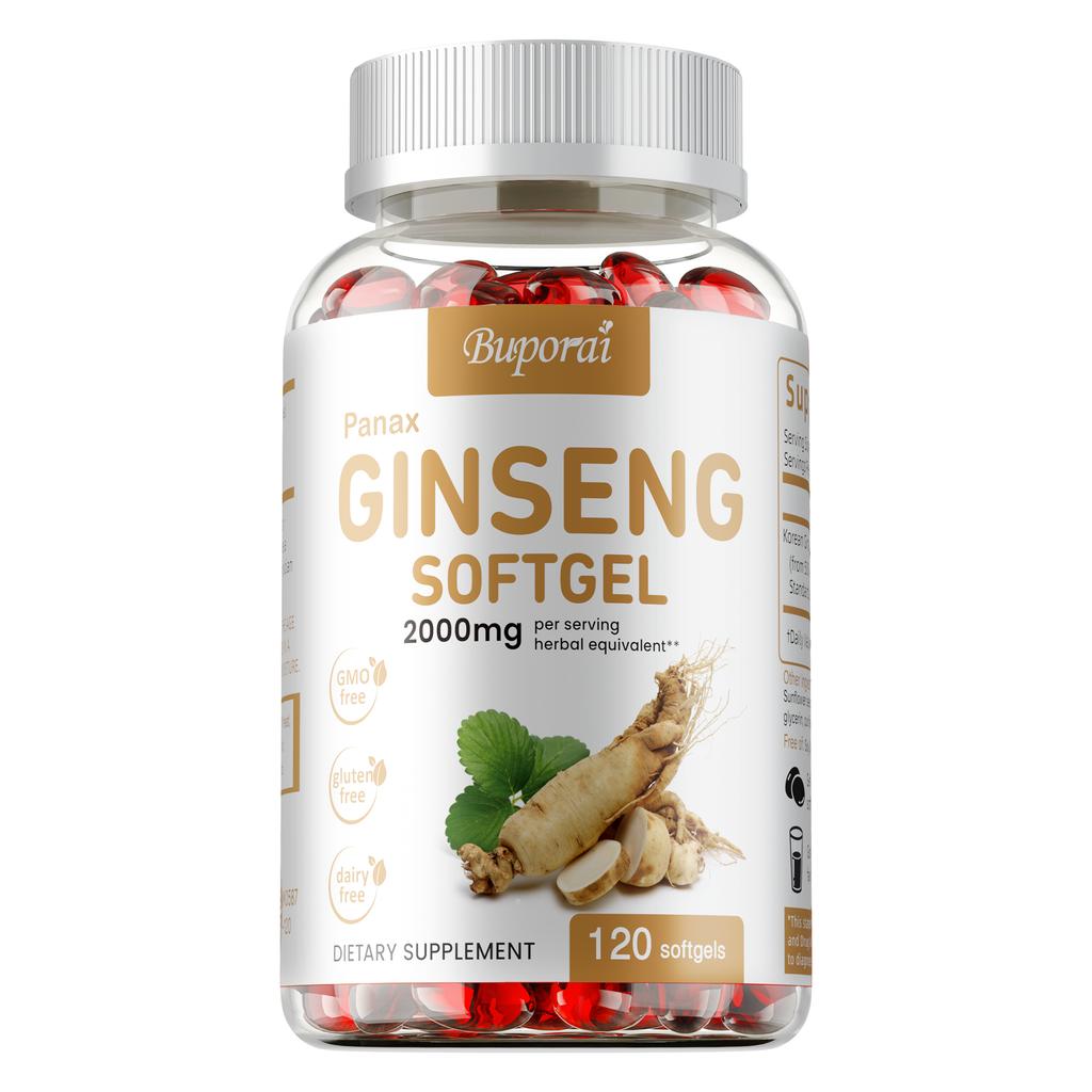 Buporai Ginseng Soft Capsules, containing 2000 mg, nutritional supplement, suitable for adults.