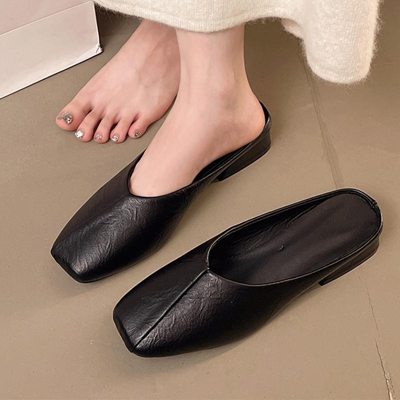 Flats Women Slippers Square Toe Slingback Mules Shoes Dress Woman Sandals 2025 Autumn Cozy Casual Zapatillas De Mujer