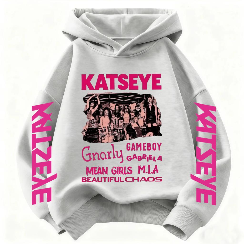 2026 Graphic Print Kids Long Sleeve Sweatshirt NEW Girls Hoodie Katseye Kpop Group Pocket Loose Casual Children Light Blue Top
