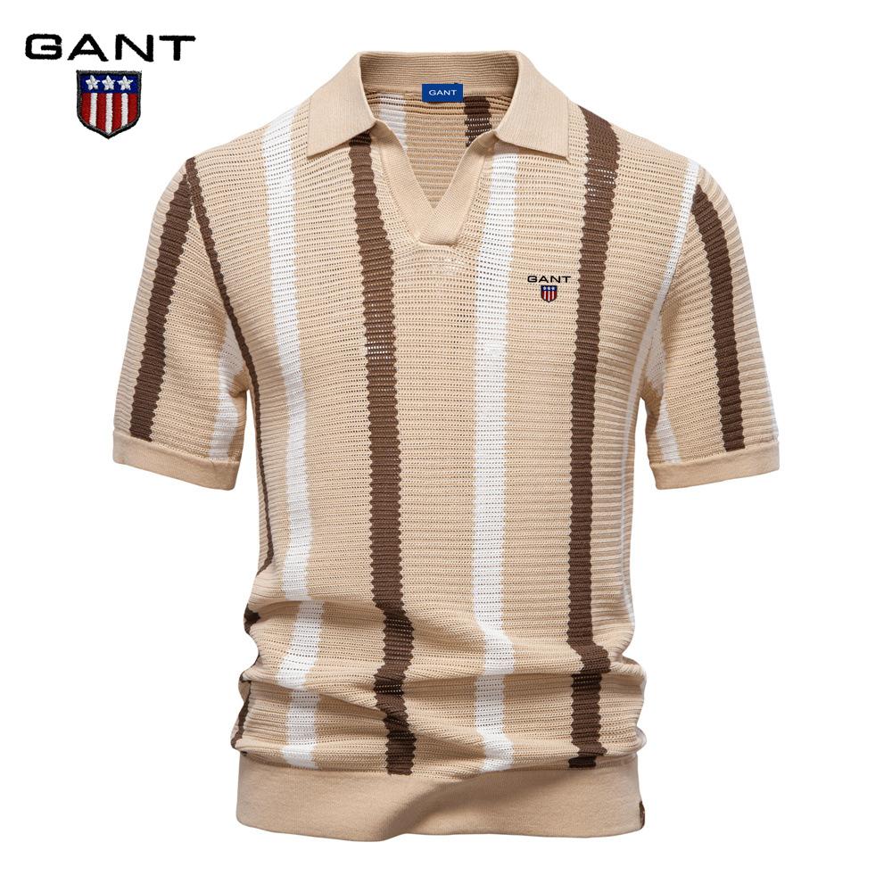 Gant 2025 Summer Embroidery New Breathable Hollow Men's Short Sleeve Polo Sweater Striped Knitted Polo Sweater for Men