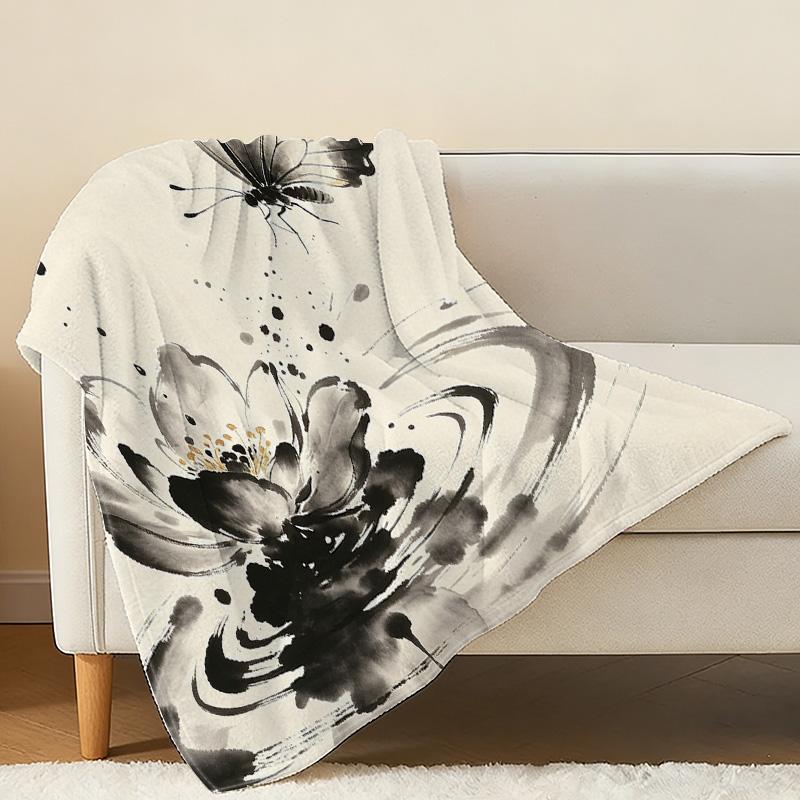 All-Season Thick Flannel Blanket, Ink-Wash Floral Chinese Style Throw, Soft Warm Home Decor for Guest Room Single Use, Christmas Halloween