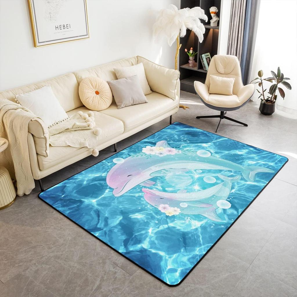 Jumping Dolphins Area Rug for Kids Boys Girls Cute Ocean Animal Decorative Carpet Sea Creatures Indoor Floor Mat Area Rug
