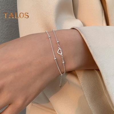 Women Bracelet Silver Color Polished Electroplated Double-layer Copper Hollow Heart Pendant Wrist Jewelry Anniversary Birthday Gift Prom Party