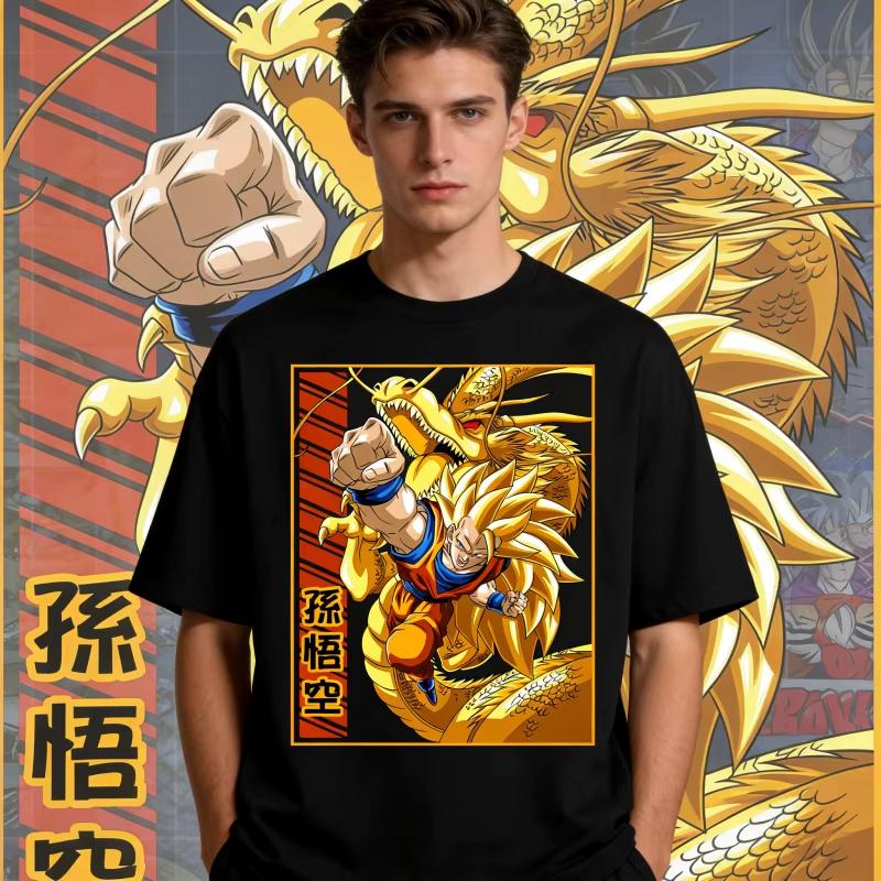 2026 New Dragon Ball Vintage Super Saiyan Goku Golden Shenron Kanji Printed Short Sleeve Tshirt Mens and Womens Tshirt Tops