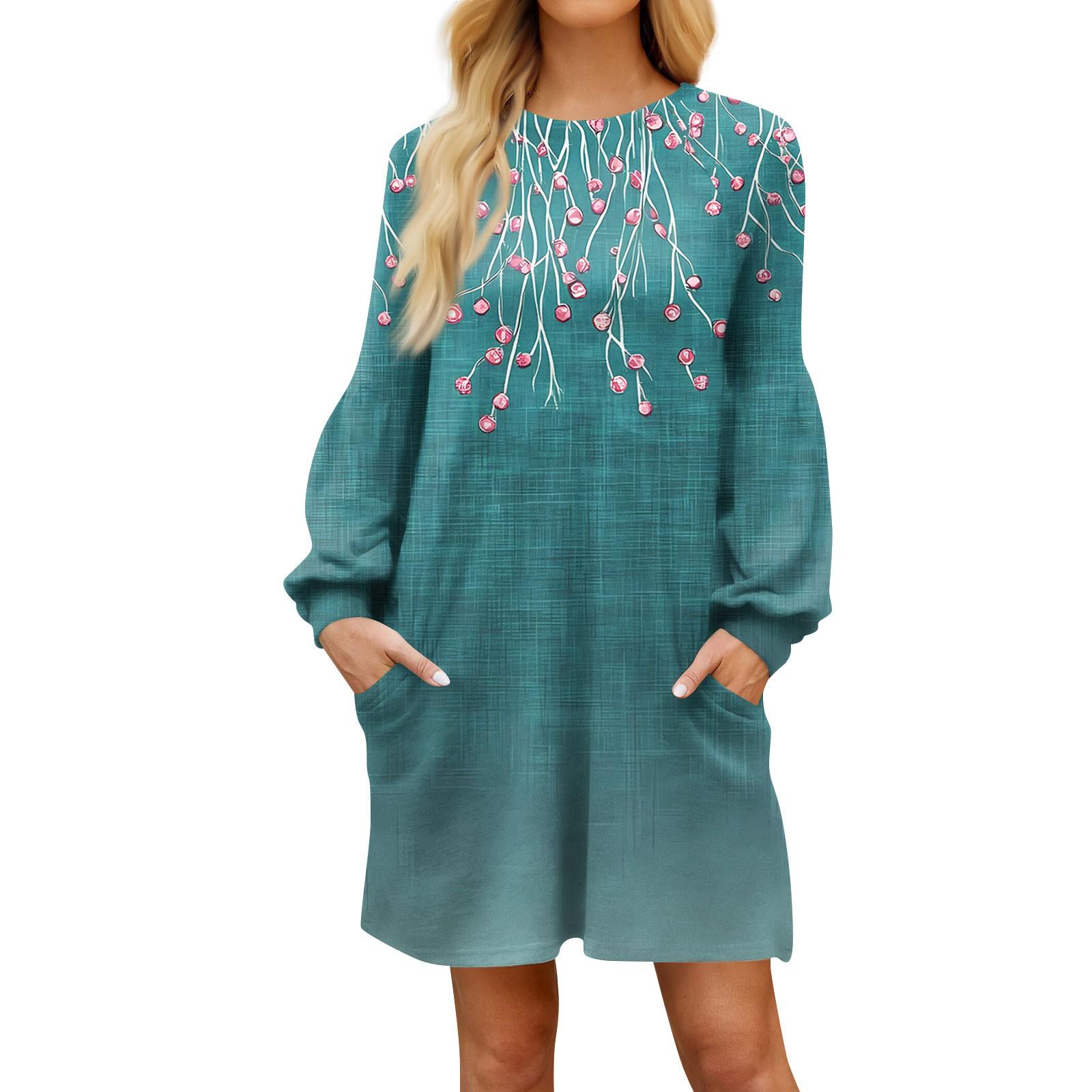 

Модное женское платье трапециевидной формы с длинным рукавом. Осенний повседневный пуловер с круглым вырезом. Свободное платье с карманами. M