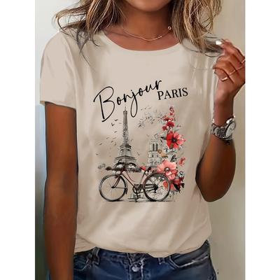 Bonjour Paris Damen-T-Shirt – Eiffelturm- und Fahrradmotiv, französisch-schicker Blumendruck für lässige Alltagskleidung