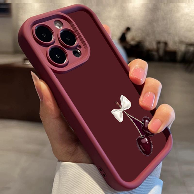Wine Red Cherry Pattern Phone Case Suitable for iPhone 17 16 15 14 13 12 11 Pro/Max/Plus Anti Drop and Shockproof Back Cover