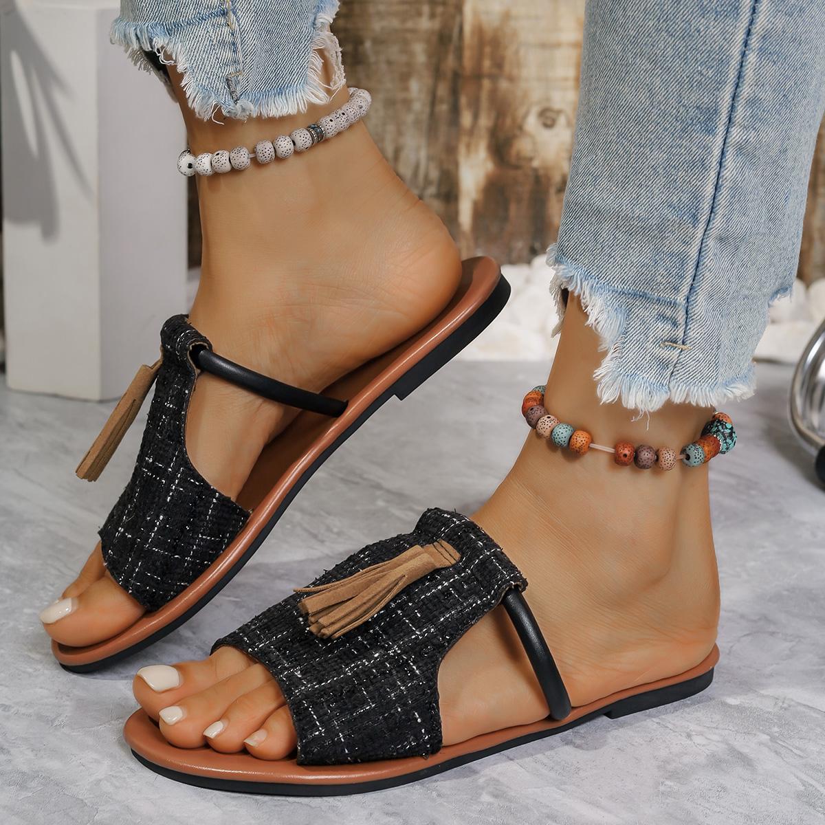 

Женские повседневные пляжные тапочки для отдыха, летние новые модные туфли на плоской подошве с бахромой, сандалии с открытым носком, шлепанцы Zapatos De Mujer 43