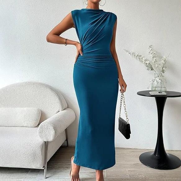 Sleeveless Back-slit Pleated Fitted Dress Women's Fashionable Elegant Tank Dress Suitable for Commuting Dates Formal Occasions