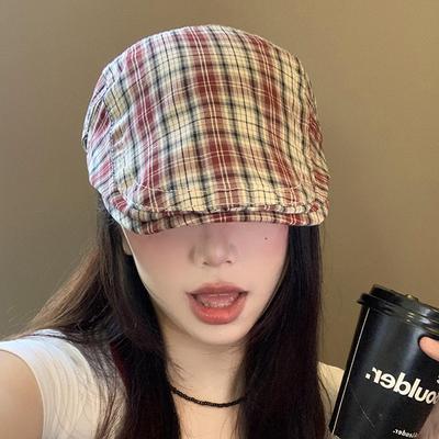 Klobúk Dámsky retro klobúk Jarný a jesenný všestranný kockovaný ukazuje tvár Malý maliarsky klobúk Veľký obvod hlavy Klobúk proti opotrebovaniu