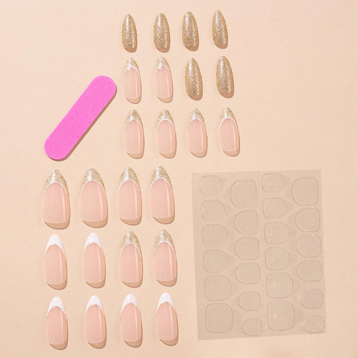 

Европейский и американский золотой глиттер французский маникюр: Простые съемные накладные ногти с белым контуром Size Translations