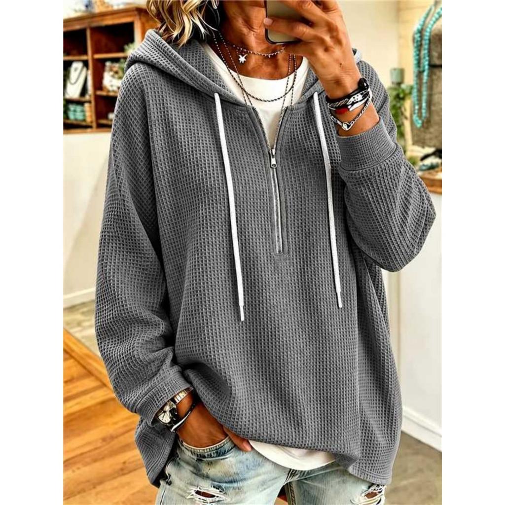 Women's Waffle Hoodie, Drawstring Zip-Up Loose Long Sleeve Sweatshirt Top, New Arrival, European American Style Cross-border Women's Clothing