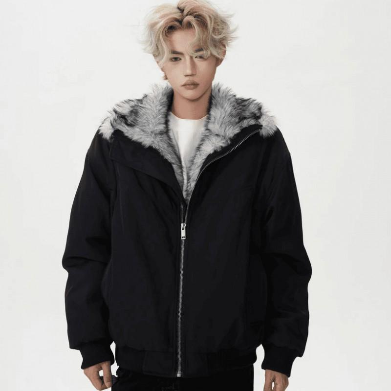 Mens Winter Hooded Thick Cotton Padded Jacket With Faux Fur Collar Loose Fit Warm Coat Daily Wear
