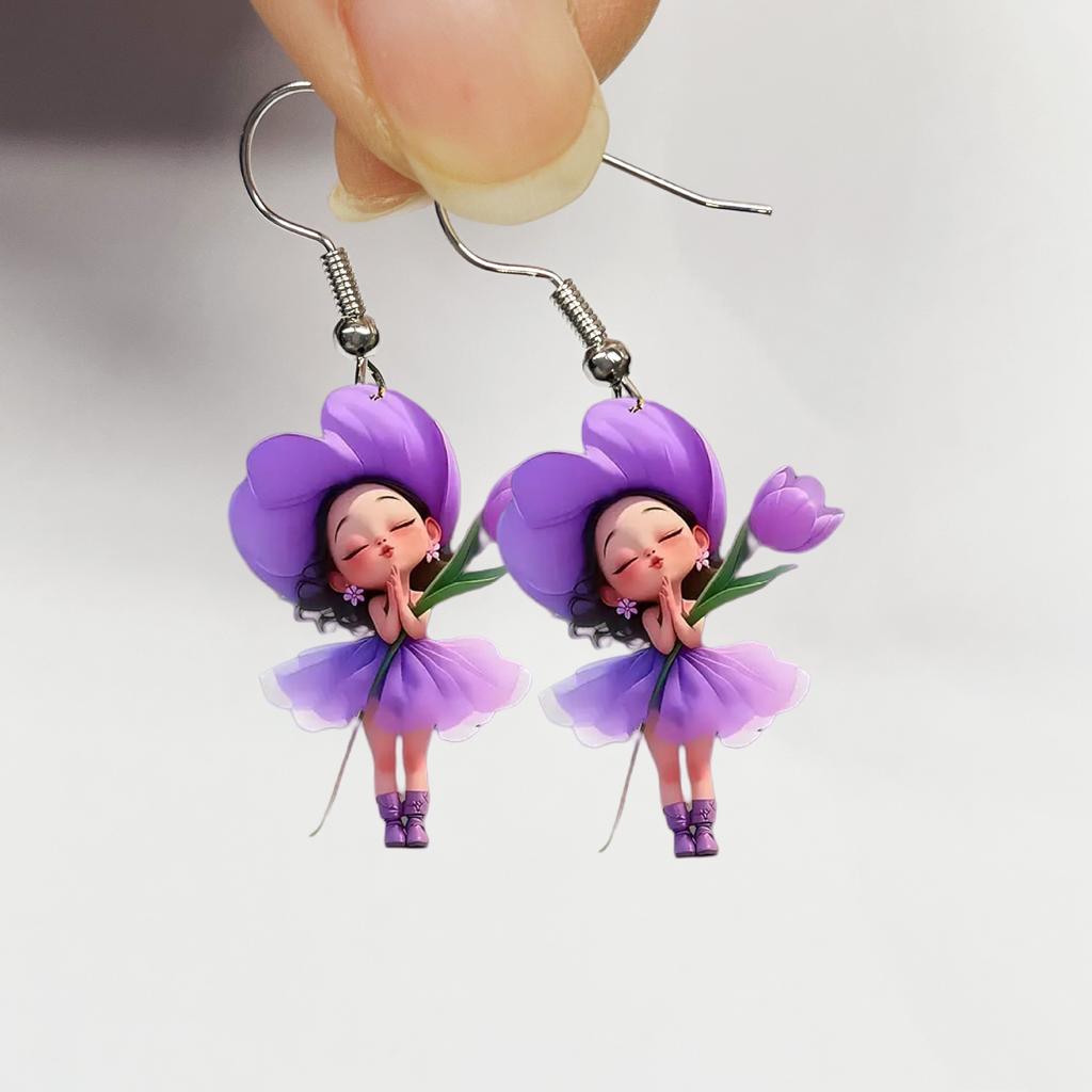 Purple Flower Fairy 2D Acrylic Earrings Cute Beautiful Flower Fairy Spring Summer Earrings