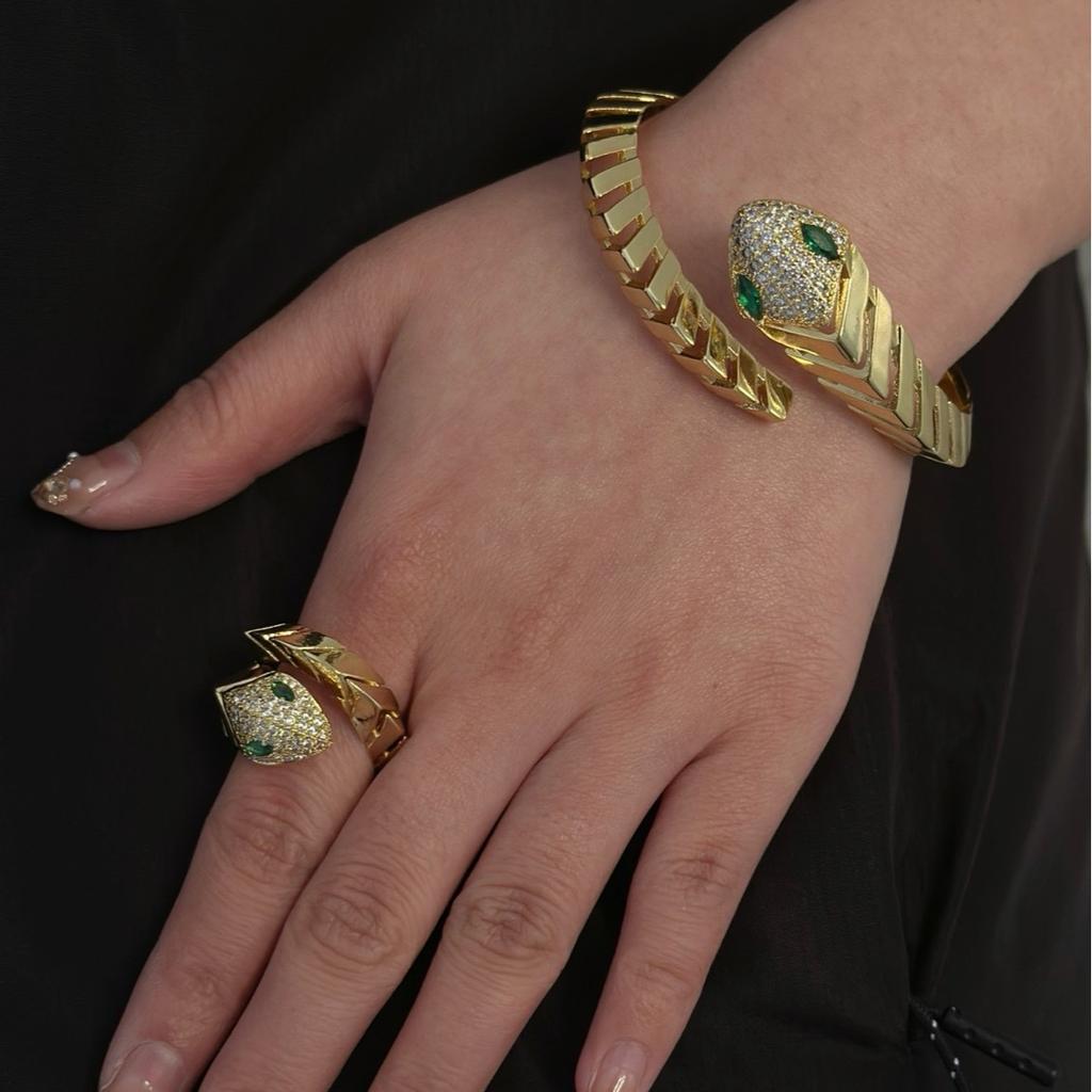 Personalized Retro Bracelet Set, Micro-inlaid Zircon Jewelry, Trendy Open Snake Ring.