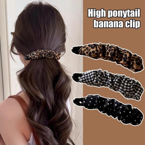 Retro Style Hairpin Stable Non-Slip Banana Clip with Pleated Fabric Wrap Leopard Plaid Dot Design Hair Clip Hair Accessories