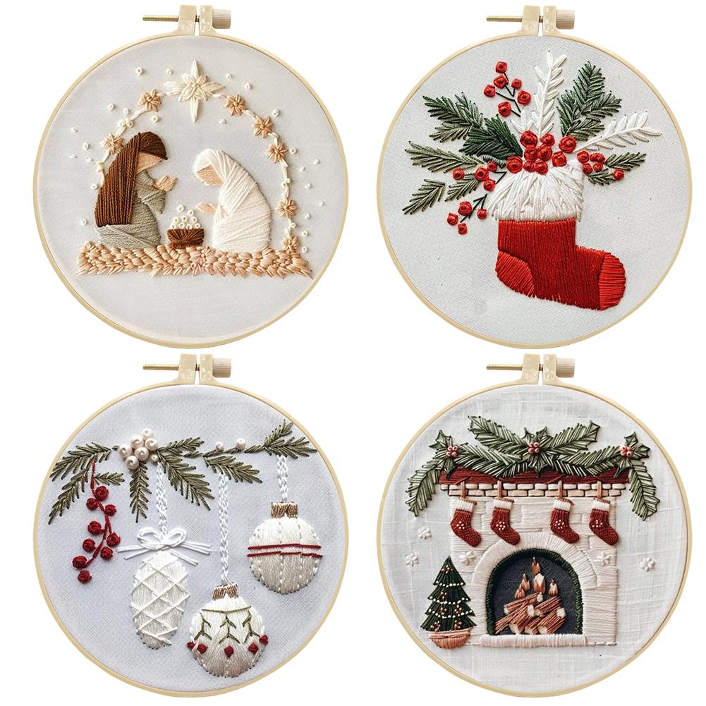 Christmas DIY Cross Stitch Kit with Pattern and Instructions for Beginners with Embroidery Hoop Color Threads and Needles