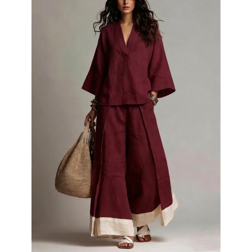 Autumn Women V-neck Seven Sleeve Cotton and Linen Set French Elegant Casual Loose Holiday Wide Leg Pants Outfit Streetwear