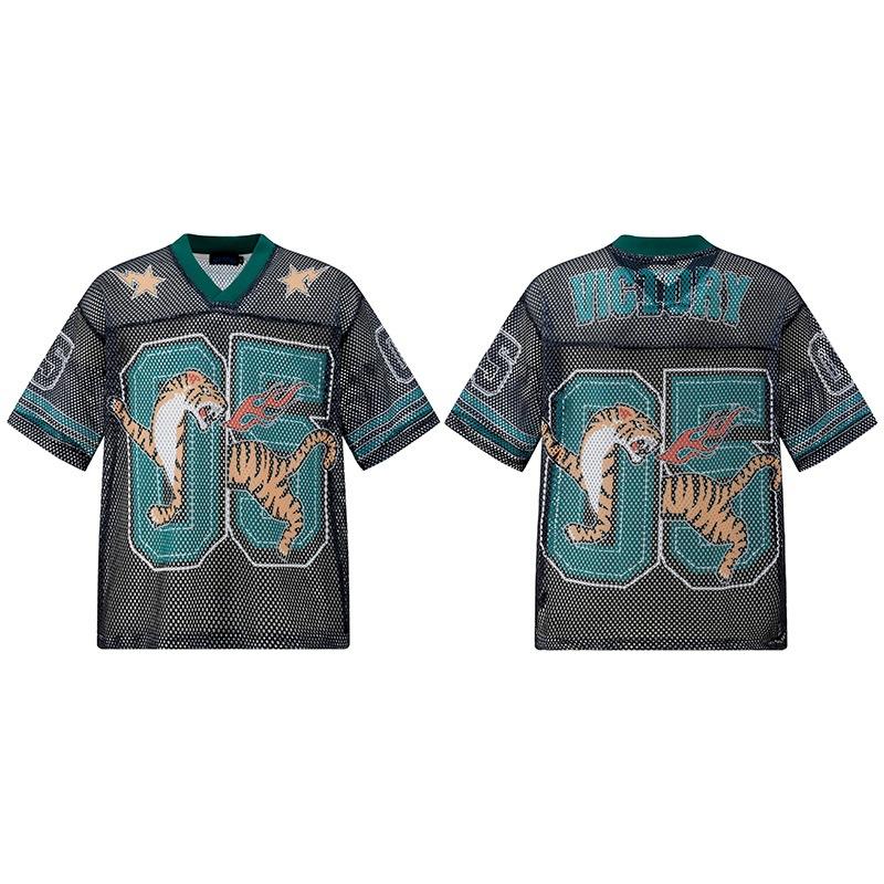 Trendy Brand Men'S T-Shirt American Retro Hip-Hop Letter Printing Mesh Casual Couple Sports Jersey Men And Women
