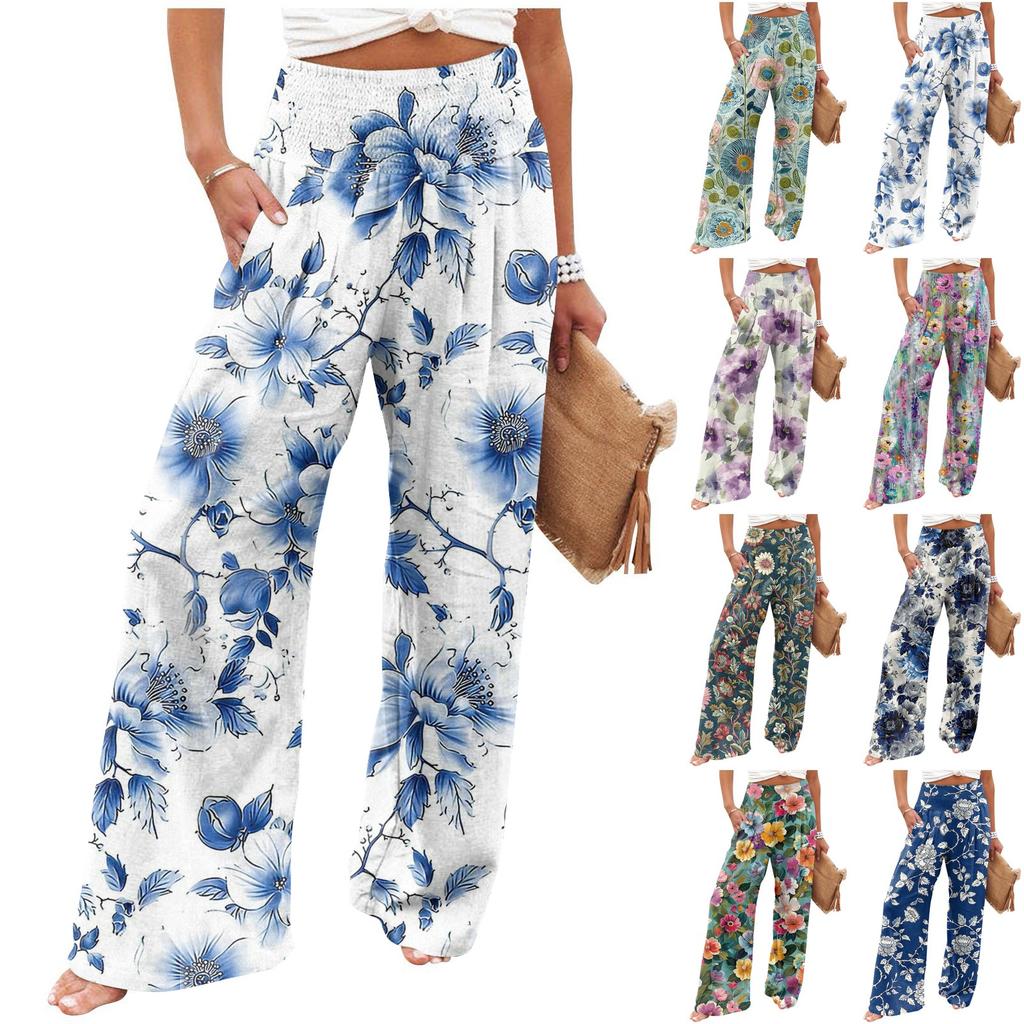 Women's Summer Elastic Waist Floral Printed Cotton And Linen Loose Pants