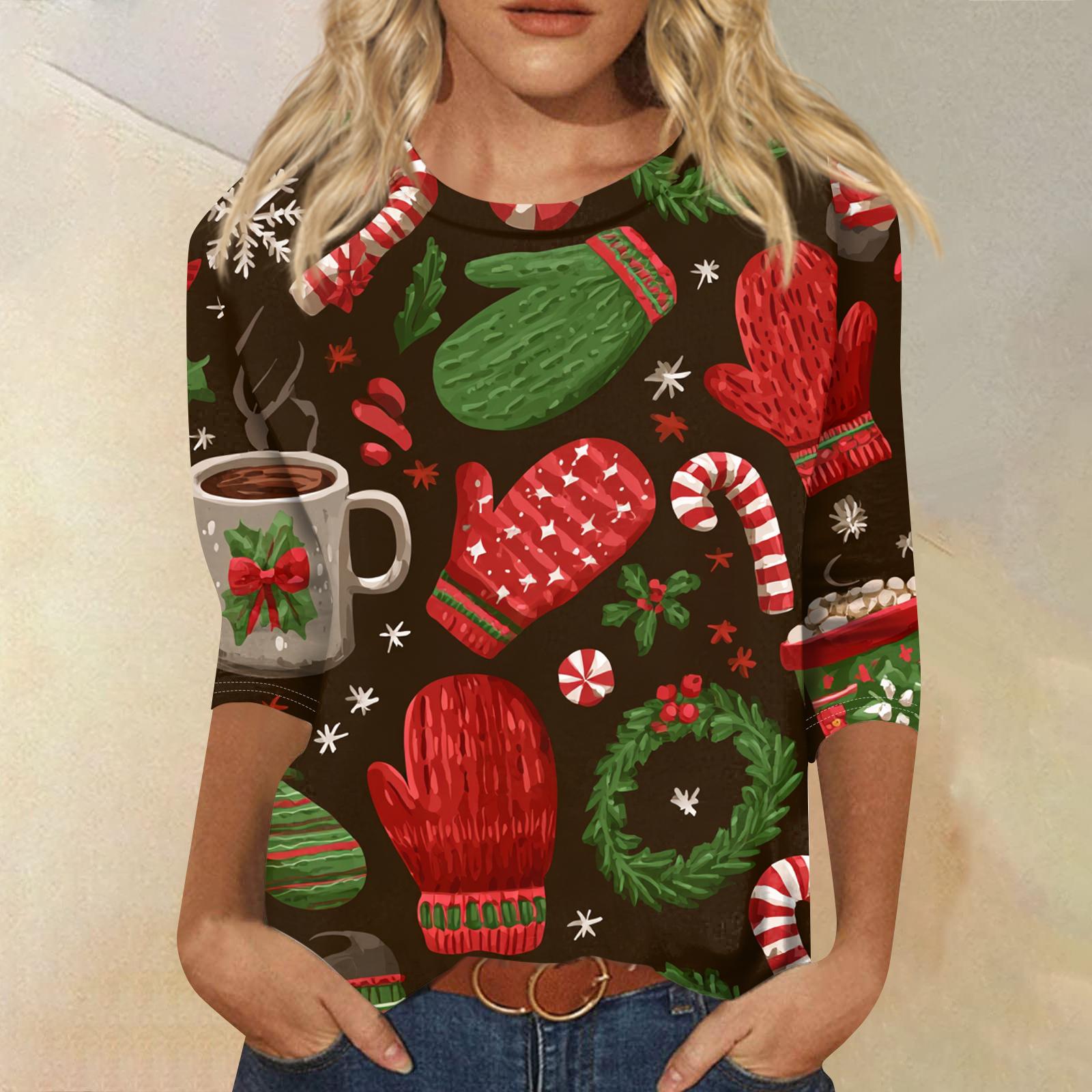 

Women s Fashion Casual Round Neck Three-quarter Sleeve Christmas Print T-shirt Top XXL кофейный