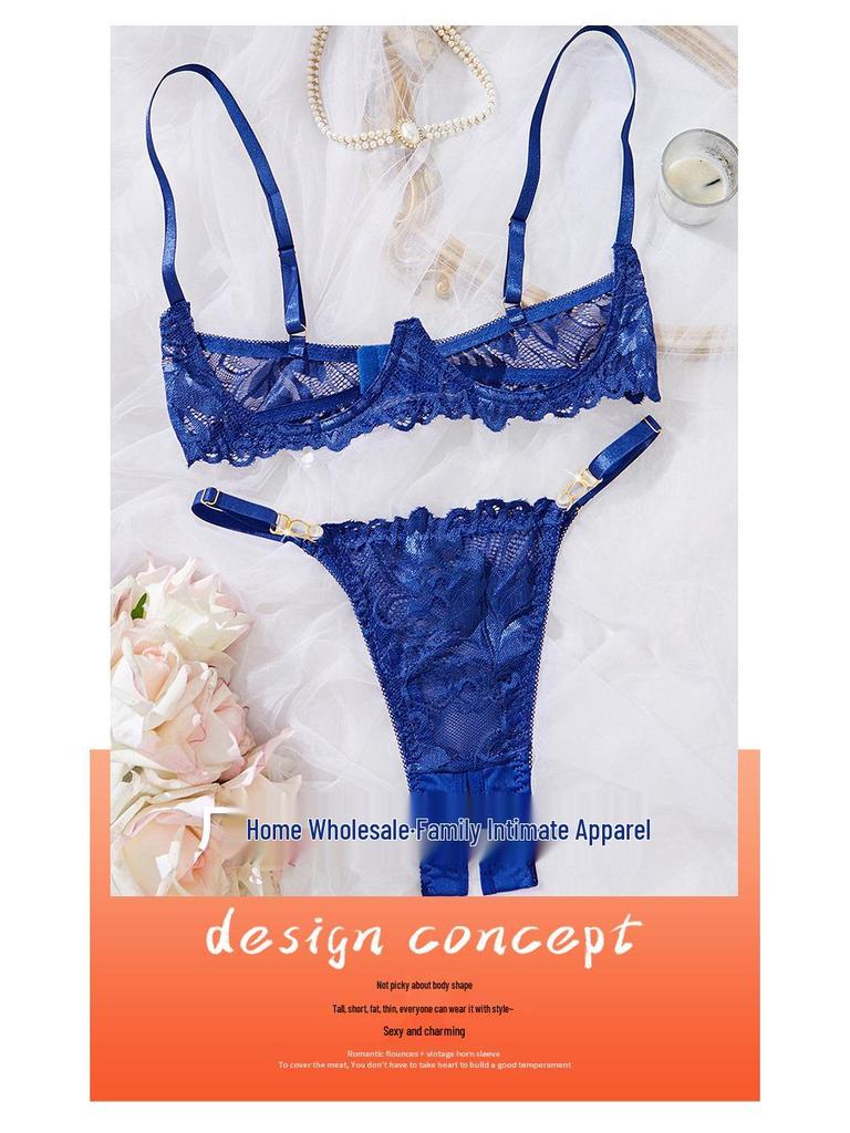 Royal Blue Open-Crotch & Open-Cup Lace Lingerie Set with Removable Thong