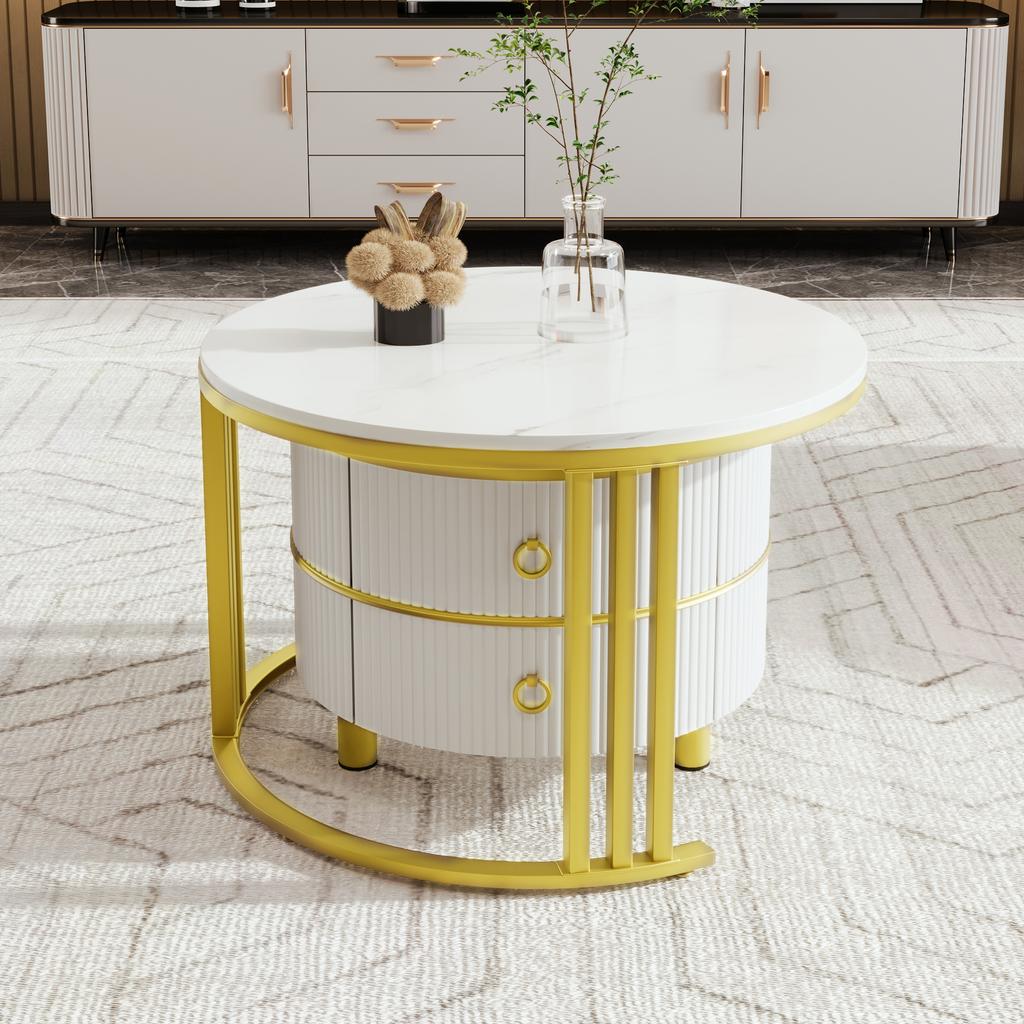 2-in-1 Runder MDF-Couchtisch, Beistelltisch mit glänzender Oberfläche und weißer Marmorplatte, Wohnzimmertisch-Kombination mit 2 Schubladen, 70*70*46 + 50*50*40 cm