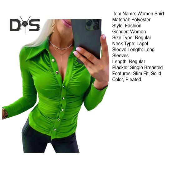 Elegant Women Solid Color Shirt Lapel Long Sleeve Office Tops Pleated Single Breasted Blouse Workwear