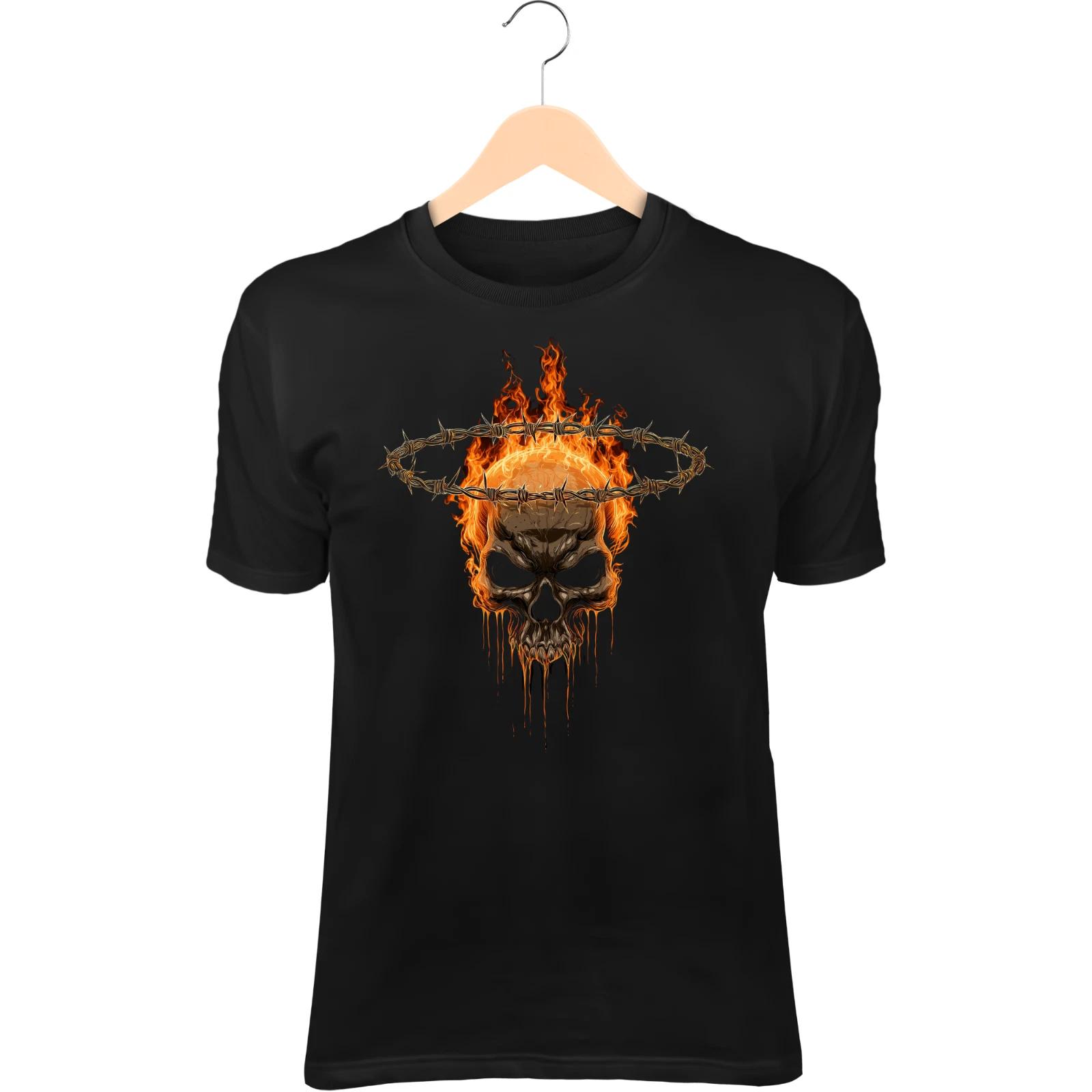 

Flaming Skull T-Shirt – Barbed Wire Crown, Iron Halo, Fire Dripping Blood L