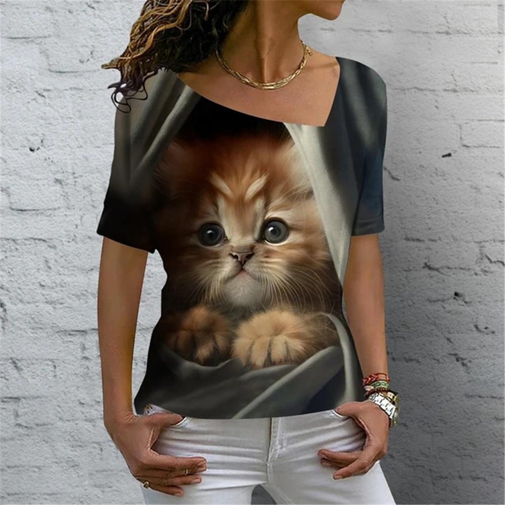 Sexy Scollo Obliquo Gatto Carino Stampa 3D Versatile T-shirt da Donna Vintage Harajuku Manica Corta Estiva Casual Abbigliamento Femminile